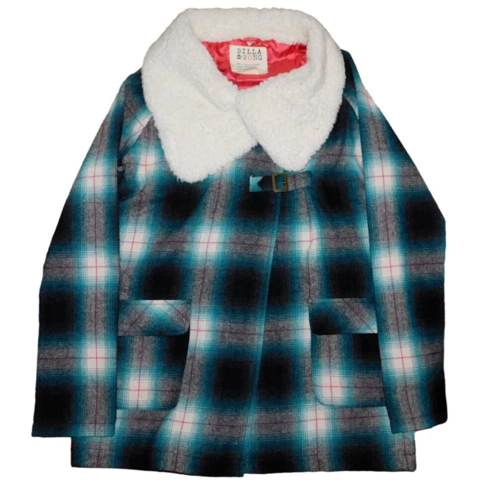 Billabong Wool Blend Plaid Coat Jacket with Sherpa Collar